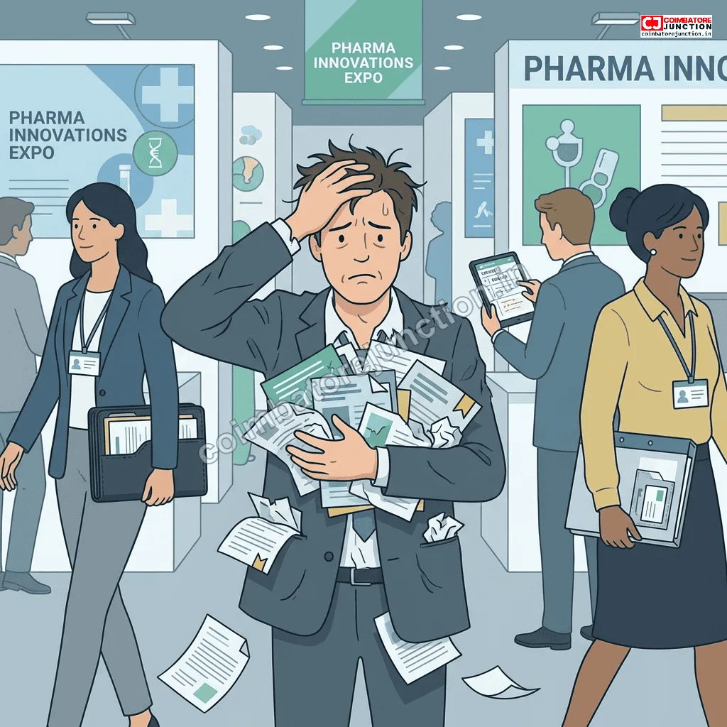 Unprepared trade fair visitor with disorganized materials illustrating common mistakes to avoid at PharmmaEx