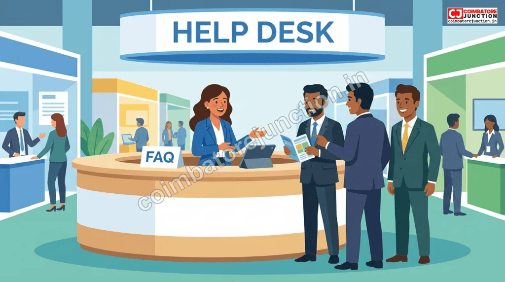 Information help desk answering frequently asked questions at the Jubilant Tamilnadu Summit
