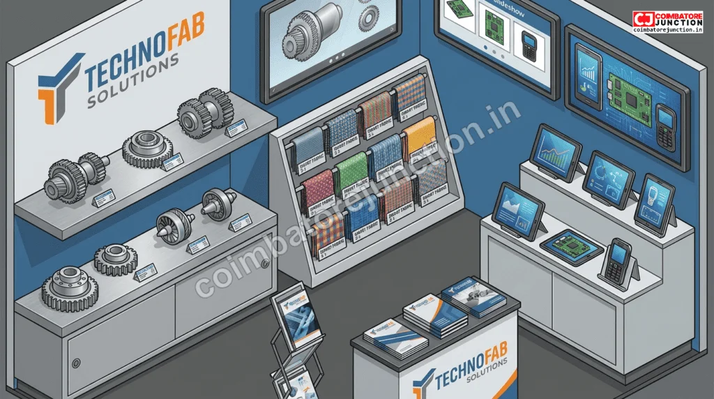 Exhibition stall displaying industrial products at the Jubilant Tamilnadu Global Expo trade fair