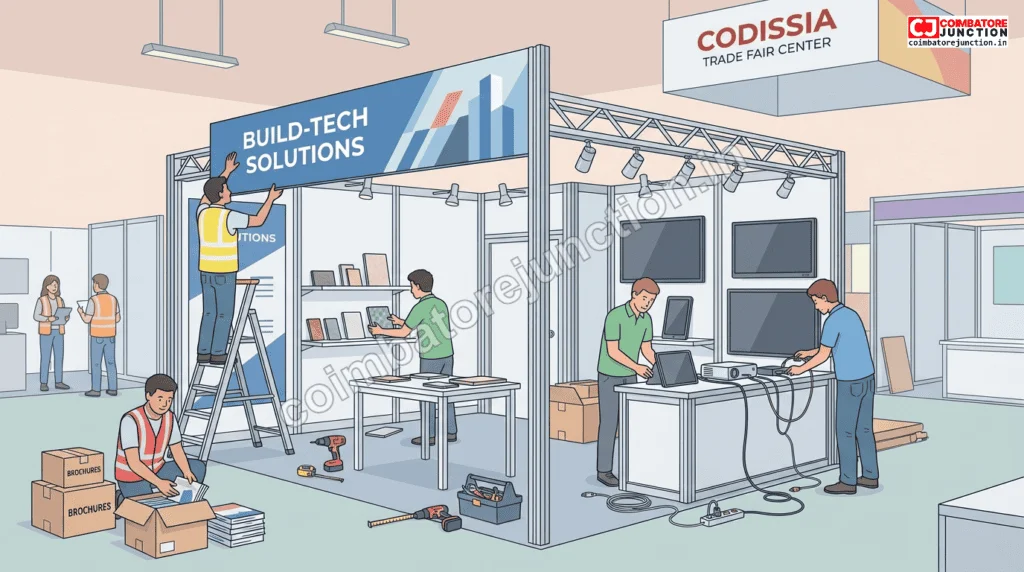 Exhibitors setting up booth and product displays before Build Intec Coimbatore opening