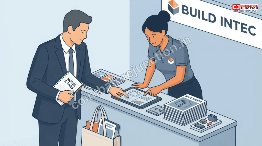 Experienced visitor having detailed product discussion with exhibitor at Build Intec Coimbatore

