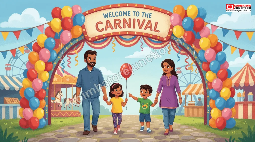 Happy family arriving at Ooh-La-La Carnival Coimbatore 2026 entrance ready for a fun day
