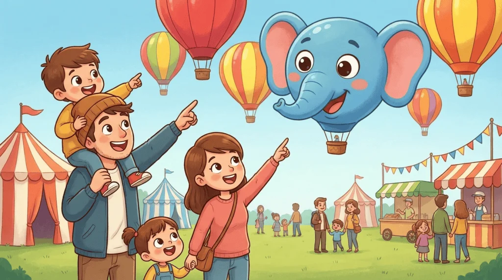 Family with children enjoying special shape hot air balloons at the Tamil Nadu International Balloon Festival in Coimbatore