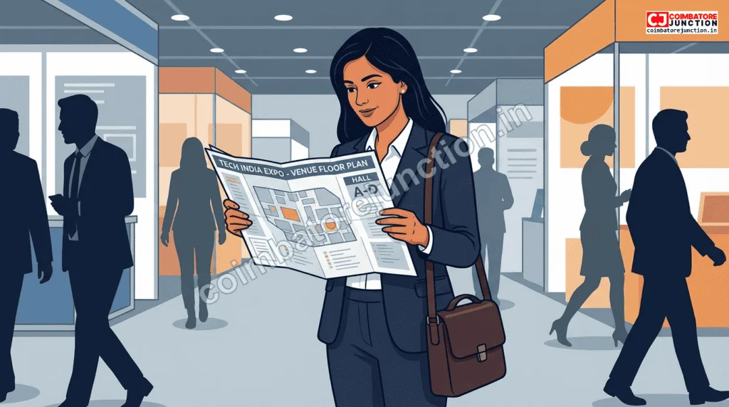 First-time trade fair attendee navigating the exhibition hall at a business expo with proper preparation