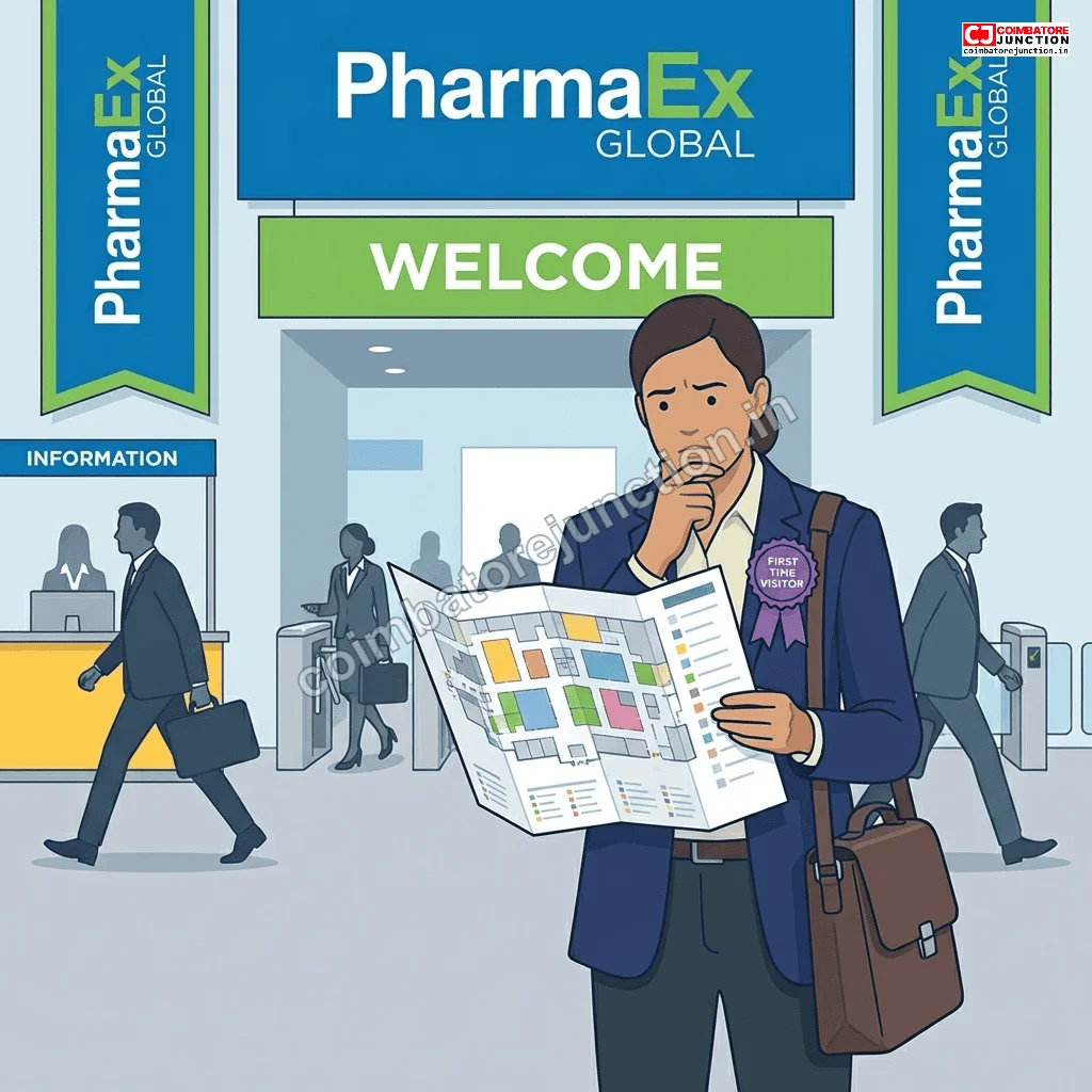 First-time visitor preparing to navigate PharmmaEx pharmaceutical exhibition with floor plan and professional attire