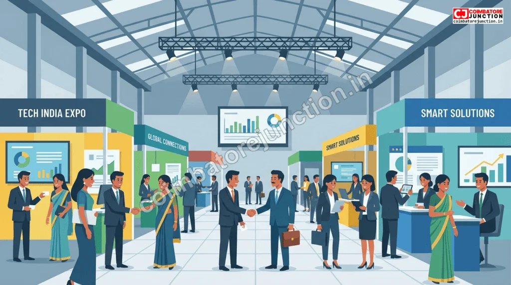 Exhibition hall at the Jubilant Tamilnadu Global Expo with B2B networking and trade fair stalls