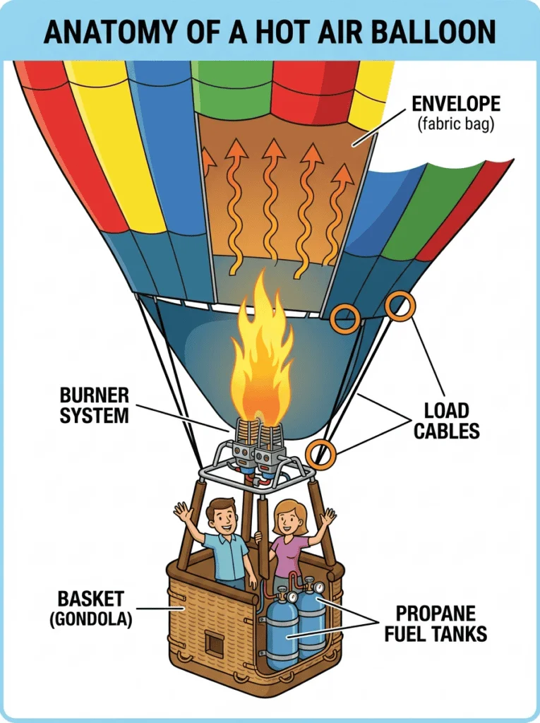 Educational diagram showing the parts of a hot air balloon including envelope, burner, basket, and fuel tanks with labels