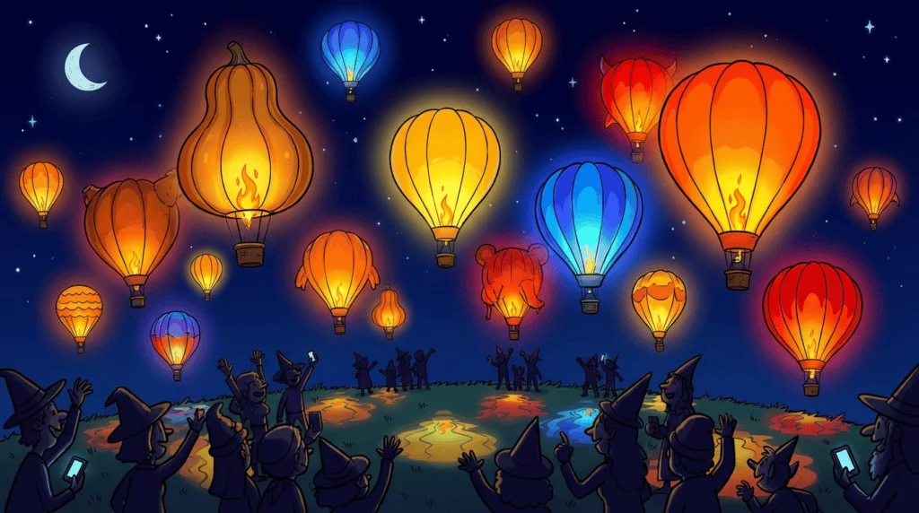 Hot air balloons glowing at night during the Night Glow event at Tamil Nadu International Balloon Festival with spectators watching