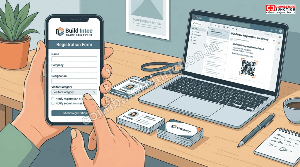 Online visitor registration for Build Intec Coimbatore on smartphone and laptop
