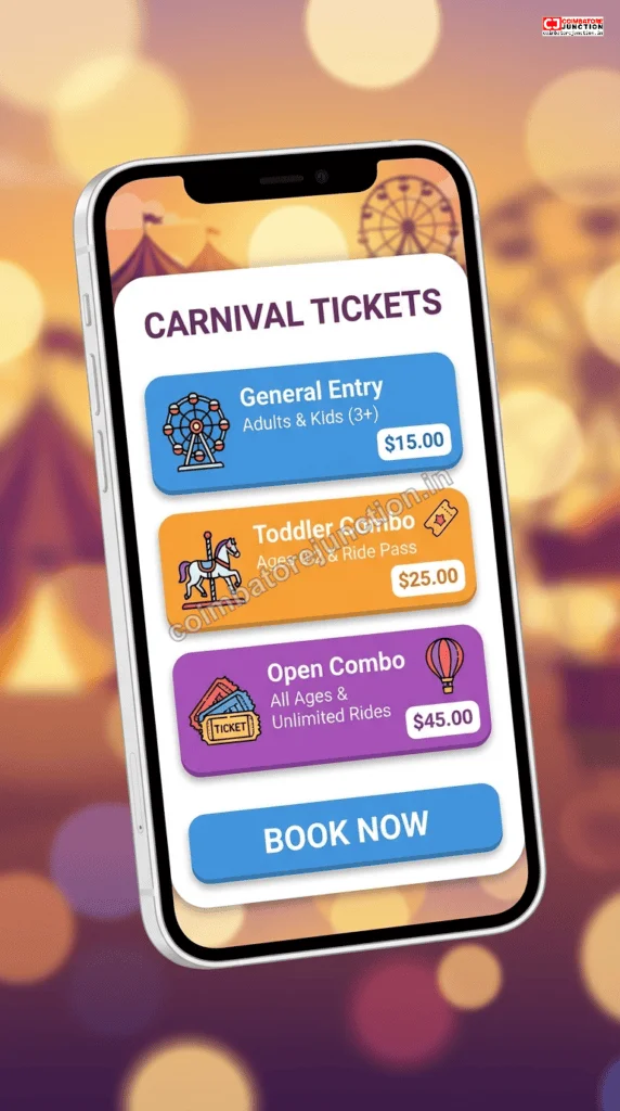 Online ticket booking screen for Ooh-La-La Carnival 2026 Coimbatore showing ticket categories and prices