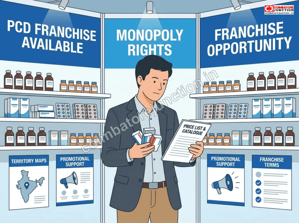 PCD franchise seeker evaluating pharmaceutical products at PharmmaEx Coimbatore exhibition booth