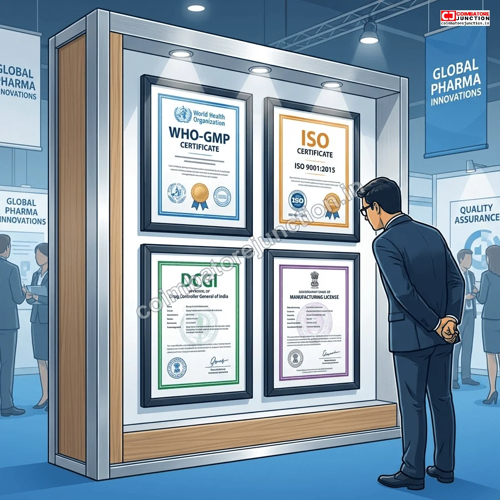 WHO-GMP ISO and DCGI certification documents displayed at pharmaceutical exhibitor booth for verification