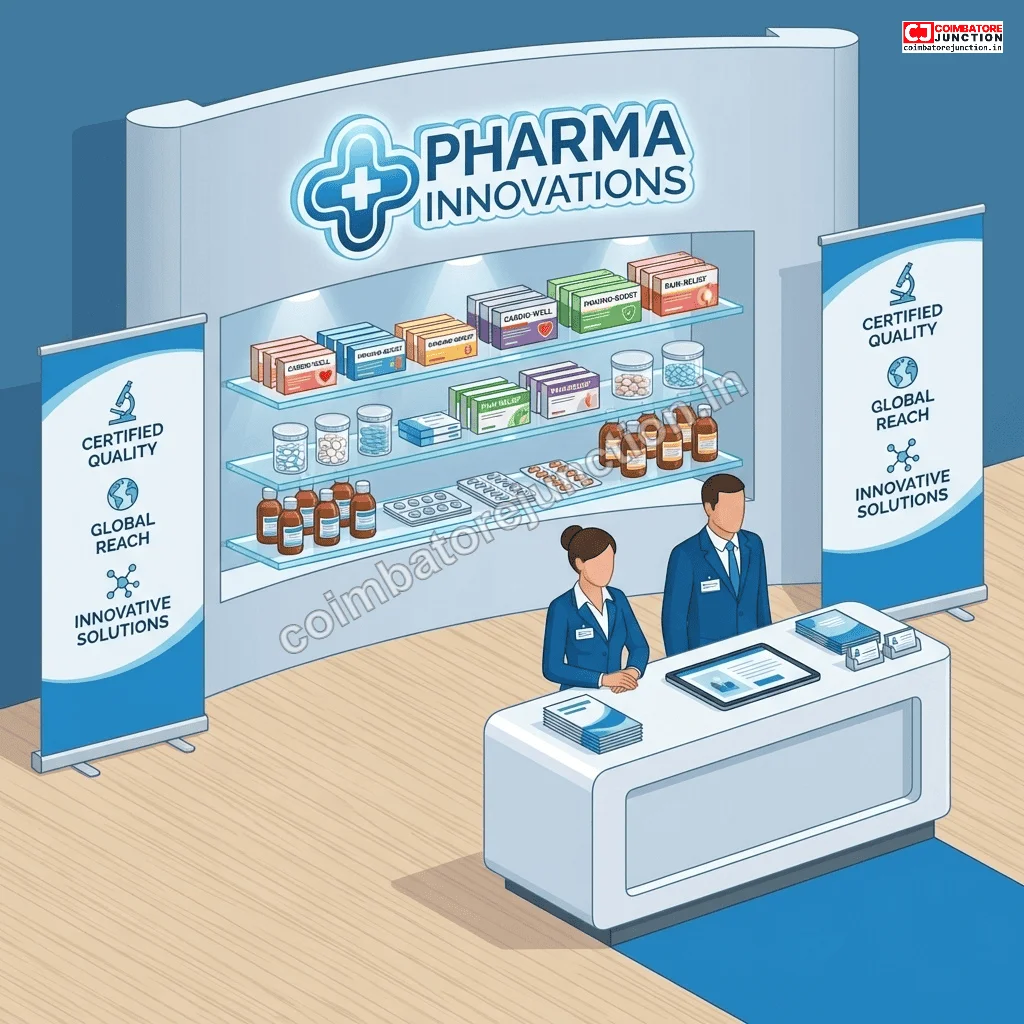 Professional pharmaceutical company exhibition booth setup at PharmmaEx trade fair Coimbatore