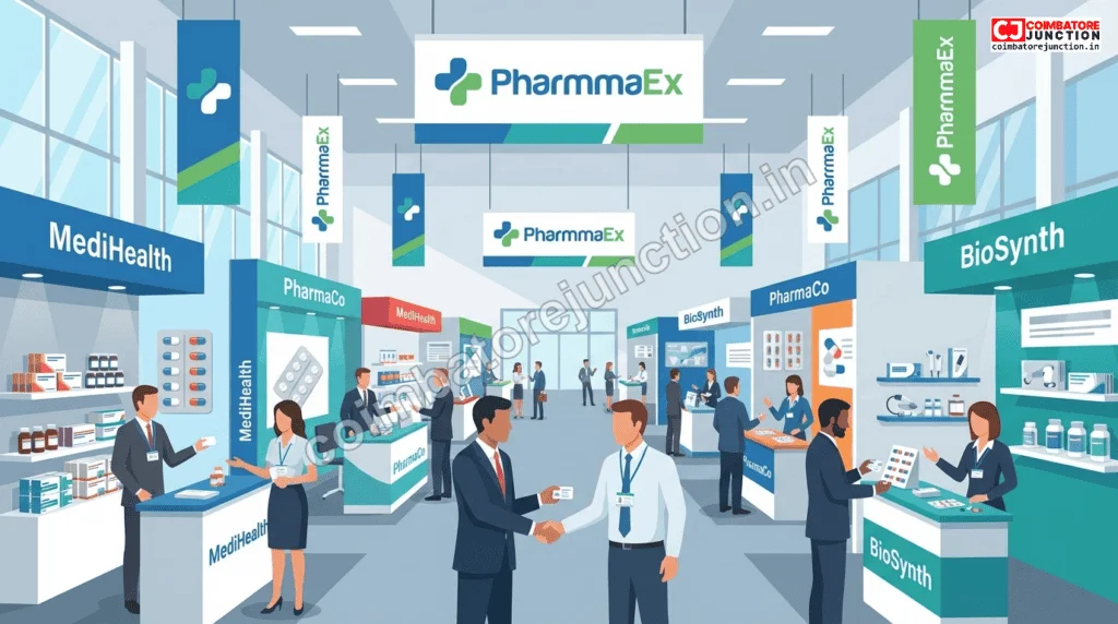 PharmmaEx Coimbatore exhibition hall with pharmaceutical company booths and business visitors networking
