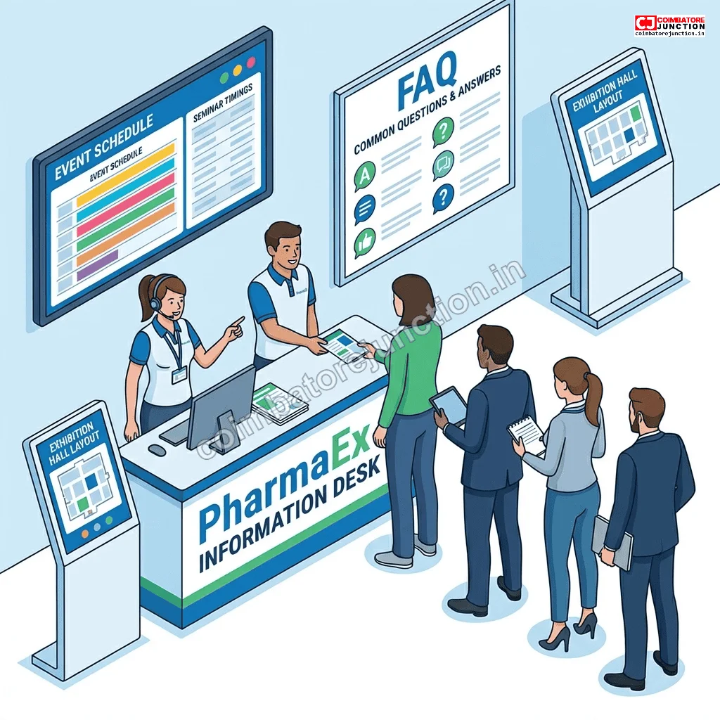 Information desk answering visitor questions at PharmmaEx pharmaceutical exhibition Coimbatore