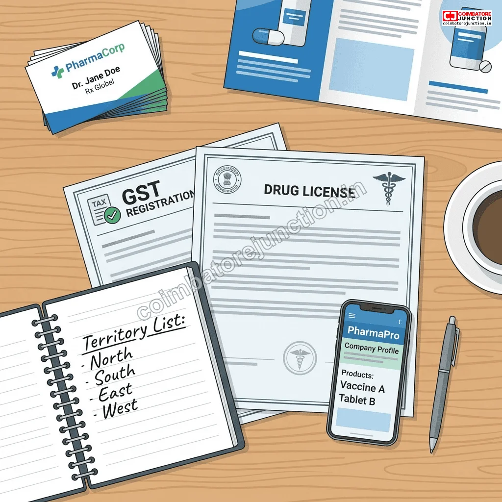 Business preparation items for PharmmaEx including business cards drug license and territory documentation
