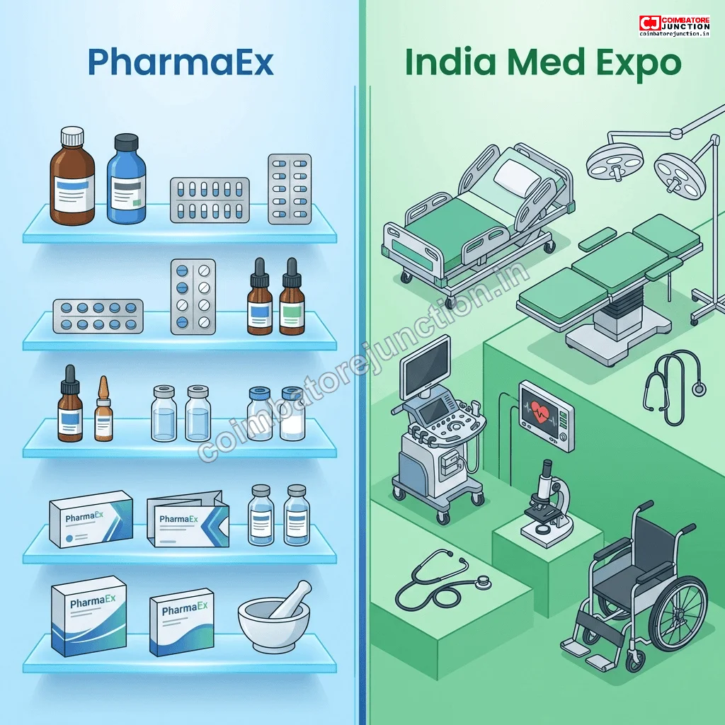 Visual comparison between PharmmaEx pharmaceutical products and India Med Expo medical equipment exhibitions
