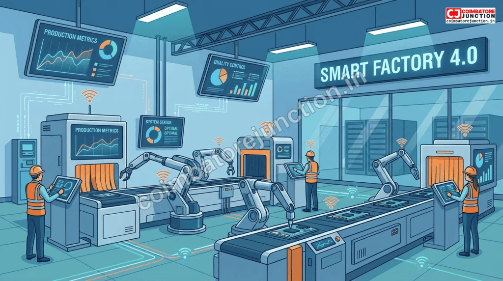 Smart factory with Industry 4.0 technology representing digital transformation themes at the Knowledge Summit