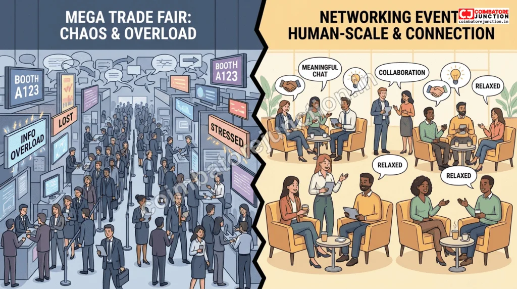 Comparison between large overwhelming trade fairs and human-scale networking at events like Jubilant Tamilnadu Summit