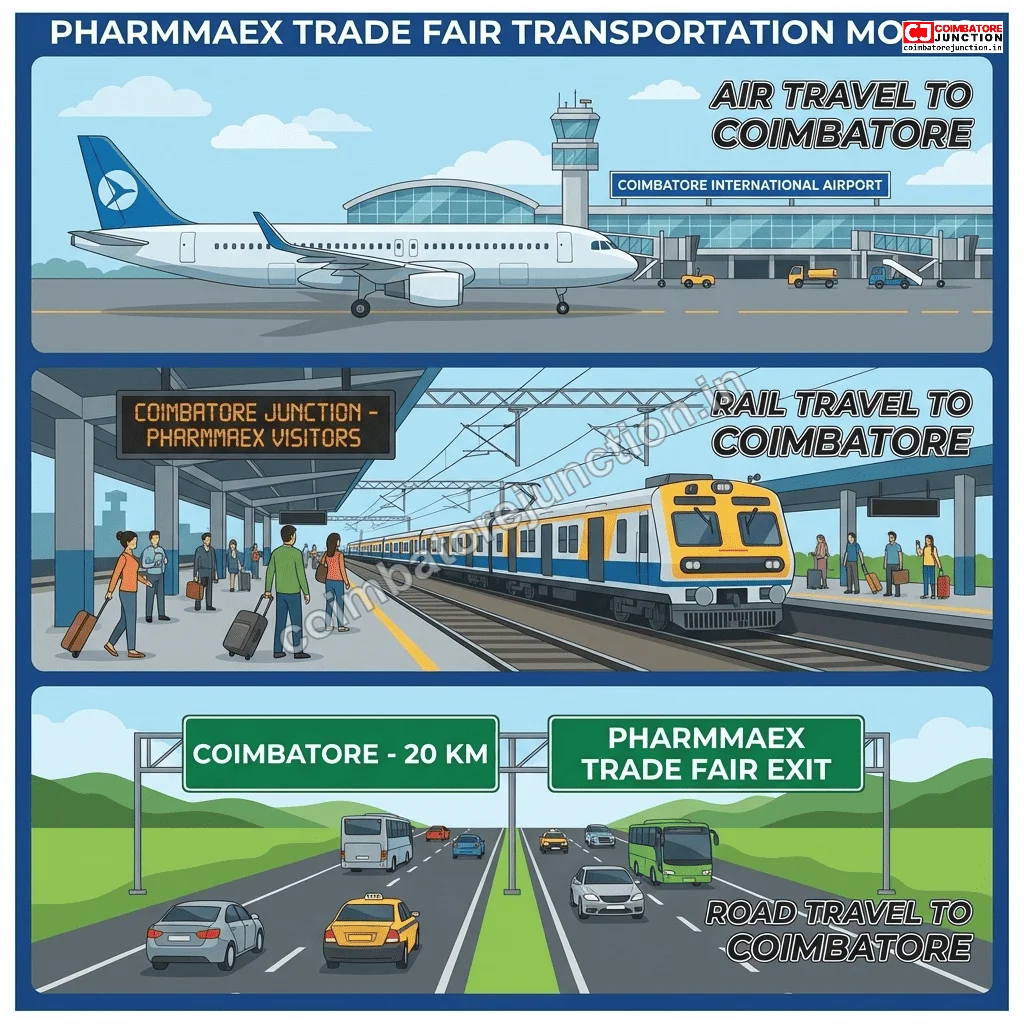 Travel options to Coimbatore for PharmmaEx including flight train and road transportation
