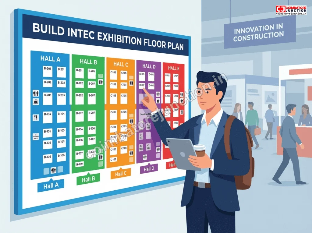 Visitor studying venue floor plan map for strategic navigation at Build Intec Coimbatore