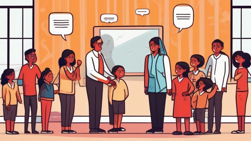 A teacher surrounded by speech bubbles and parent figures, representing word of mouth referrals